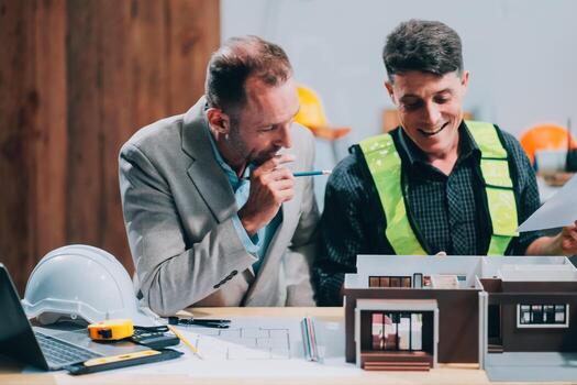 Team Engineers with draft plan of building on constructing site. Engineer work on site. engineer visit and inspection site engineer. Inspector engineer check and working on site. photo