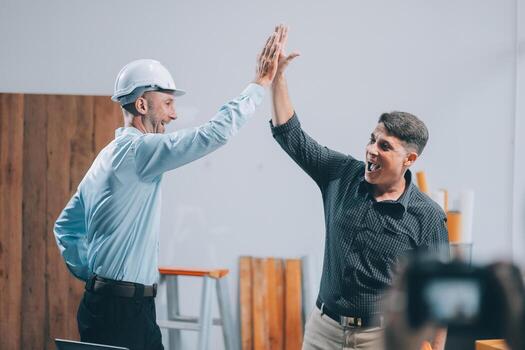 Team Engineers with draft plan of building on constructing site. Engineer work on site. engineer visit and inspection site engineer. Inspector engineer check and working on site. photo