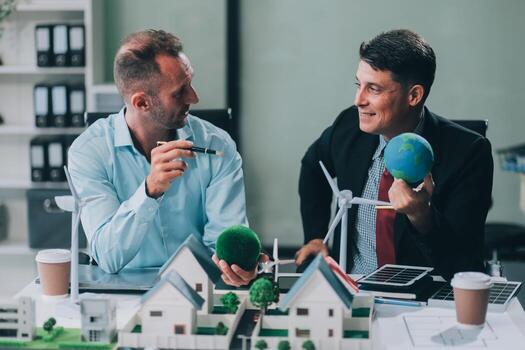Engineers meeting about wind turbine model and house model. Renewable energy and housing development concept. Team of architects and engineers in modern office discussing design structure. photo