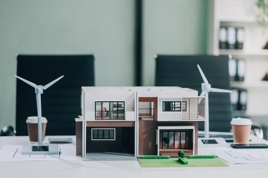 Engineers meeting about wind turbine model and house model. Renewable energy and housing development concept. Team of architects and engineers in modern office discussing design structure. photo