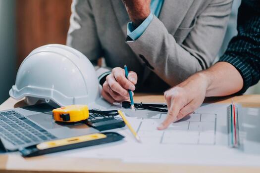 Team Engineers with draft plan of building on constructing site. Engineer work on site. engineer visit and inspection site engineer. Inspector engineer check and working on site. photo