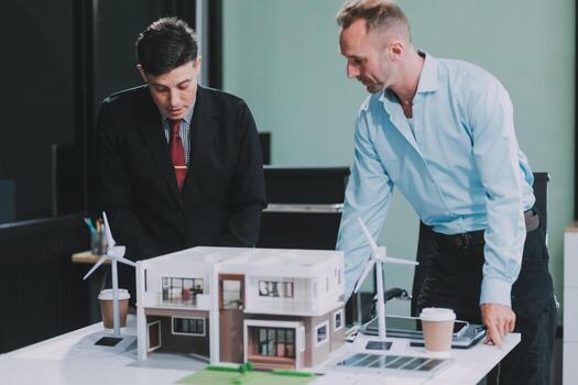 Engineers meeting about wind turbine model and house model. Renewable energy and housing development concept. Team of architects and engineers in modern office discussing design structure. photo