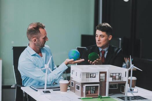 Engineers meeting about wind turbine model and house model. Renewable energy and housing development concept. Team of architects and engineers in modern office discussing design structure. photo