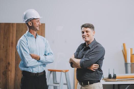 Team Engineers with draft plan of building on constructing site. Engineer work on site. engineer visit and inspection site engineer. Inspector engineer check and working on site. photo