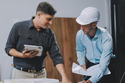 Team Engineers with draft plan of building on constructing site. Engineer work on site. engineer visit and inspection site engineer. Inspector engineer check and working on site. photo