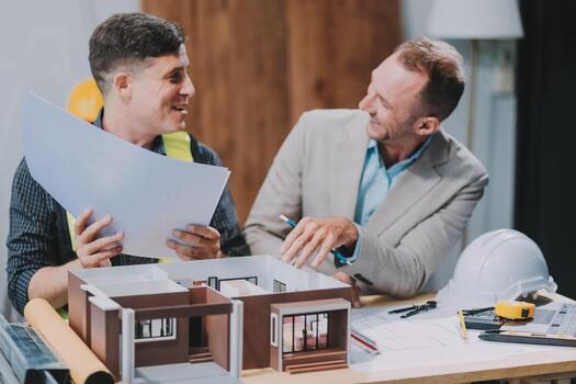 Team Engineers with draft plan of building on constructing site. Engineer work on site. engineer visit and inspection site engineer. Inspector engineer check and working on site. photo