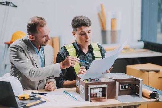 Team Engineers with draft plan of building on constructing site. Engineer work on site. engineer visit and inspection site engineer. Inspector engineer check and working on site. photo