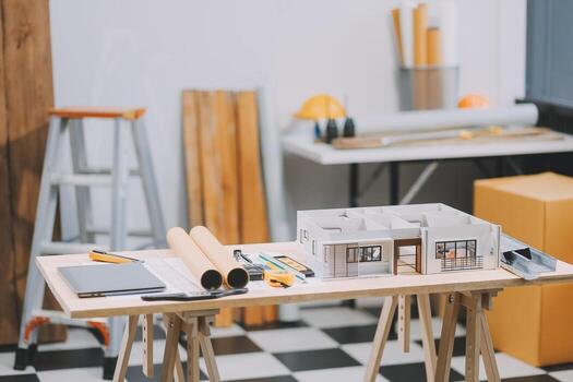 Team Engineers with draft plan of building on constructing site. Engineer work on site. engineer visit and inspection site engineer. Inspector engineer check and working on site. photo