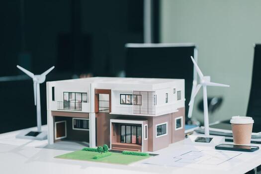 Engineers meeting about wind turbine model and house model. Renewable energy and housing development concept. Team of architects and engineers in modern office discussing design structure. photo