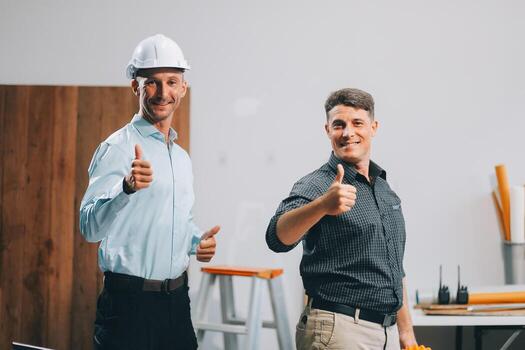 Team Engineers with draft plan of building on constructing site. Engineer work on site. engineer visit and inspection site engineer. Inspector engineer check and working on site. photo