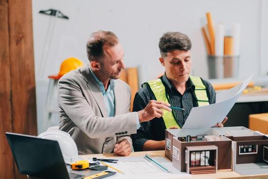 Team Engineers with draft plan of building on constructing site. Engineer work on site. engineer visit and inspection site engineer. Inspector engineer check and working on site. photo