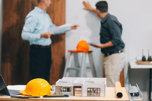 Team Engineers with draft plan of building on constructing site. Engineer work on site. engineer visit and inspection site engineer. Inspector engineer check and working on site. photo