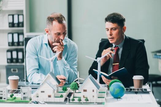 Engineers meeting about wind turbine model and house model. Renewable energy and housing development concept. Team of architects and engineers in modern office discussing design structure. photo