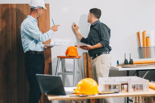 Team Engineers with draft plan of building on constructing site. Engineer work on site. engineer visit and inspection site engineer. Inspector engineer check and working on site. photo