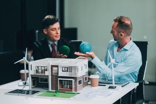 Engineers meeting about wind turbine model and house model. Renewable energy and housing development concept. Team of architects and engineers in modern office discussing design structure. photo