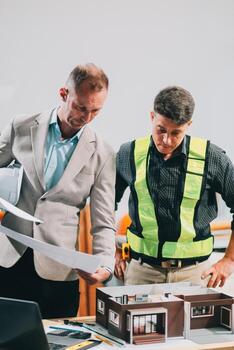 Team Engineers with draft plan of building on constructing site. Engineer work on site. engineer visit and inspection site engineer. Inspector engineer check and working on site. photo