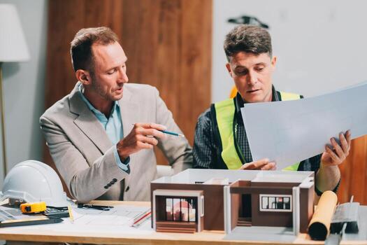 Team Engineers with draft plan of building on constructing site. Engineer work on site. engineer visit and inspection site engineer. Inspector engineer check and working on site. photo