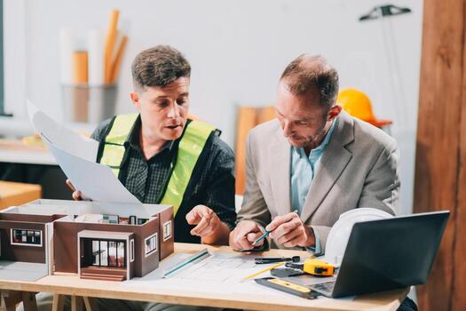 Team Engineers with draft plan of building on constructing site. Engineer work on site. engineer visit and inspection site engineer. Inspector engineer check and working on site. photo