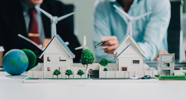 Engineers meeting about wind turbine model and house model. Renewable energy and housing development concept. Team of architects and engineers in modern office discussing design structure. photo