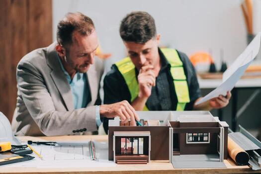 Team Engineers with draft plan of building on constructing site. Engineer work on site. engineer visit and inspection site engineer. Inspector engineer check and working on site. photo