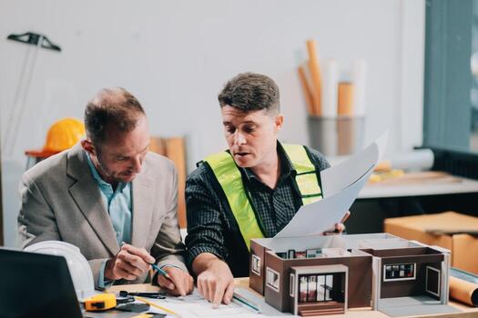 Team Engineers with draft plan of building on constructing site. Engineer work on site. engineer visit and inspection site engineer. Inspector engineer check and working on site. photo