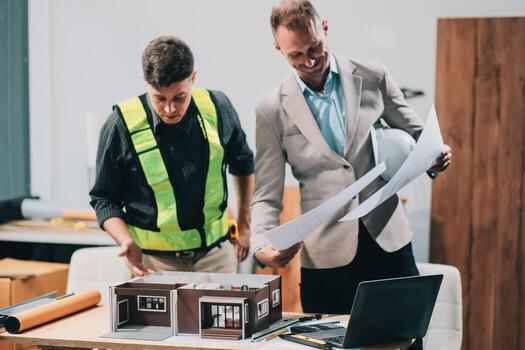 Team Engineers with draft plan of building on constructing site. Engineer work on site. engineer visit and inspection site engineer. Inspector engineer check and working on site. photo