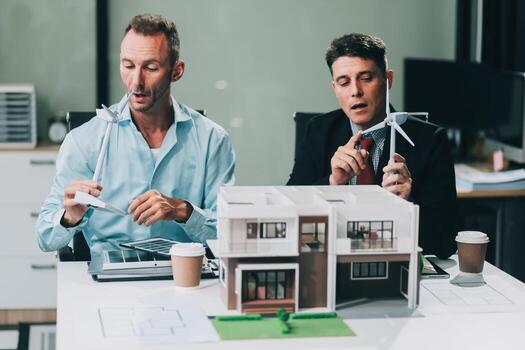 Engineers meeting about wind turbine model and house model. Renewable energy and housing development concept. Team of architects and engineers in modern office discussing design structure. photo