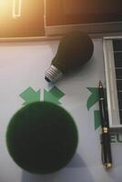 Green energy business company meeting with business people planning and discuss marketing of sustainable and renewable clean energy product with solar cell and wind turbine generator. Trailblazing photo