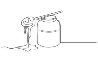 Continuous single line drawing of sweet honey in jar with dipper drip vector