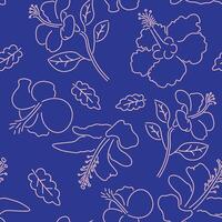 seamless pattern with hibiscus flower in line doodle style vector