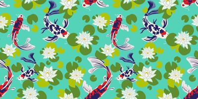 seamless pattern with water lily and koi fish. horizontal background template vector