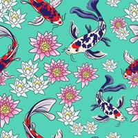 seamless pattern with water lily and koi fish in doodle style vector