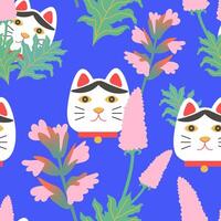 seamless pattern with acanthus and lucky cat head vector