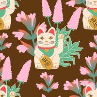 seamless pattern with acanthus and lucky cat on brown background vector
