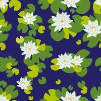 seamless pattern with water lily on dark blue background vector