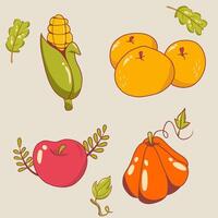 A set of different fruits and vegetables, including an apple, corn, and an orange vector