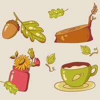 Autumn leaves, acorns, coffee, and a cup of tea vector