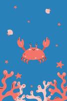 Vertical poster with crab on blue background. Character in children's style. illustration. vector