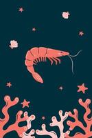 Vertical poster with shrimp on dark background. Character in children's style. illustration. vector