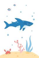 Vertical poster with shark. Character in children's style. illustration. vector