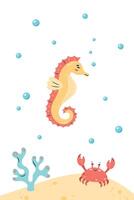 Vertical poster with seahorse on white background. Character in children's style. illustration. vector