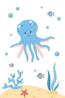 Vertical poster with octopus. Character in children's style. illustration. vector