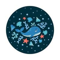 Sea Life round poster. Cute whale on a dark background. Set of sea elements. Characters in children's style. illustration. vector
