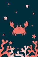 Vertical poster with crab on dark background. Character in children's style. illustration. vector