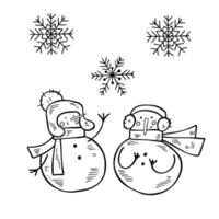 Charming snowmen with snowflakes in line style. Perfect for holiday cards, winter decor, and seasonal projects. vector