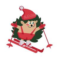 Hedgehog in a hat on skis with with poles vector