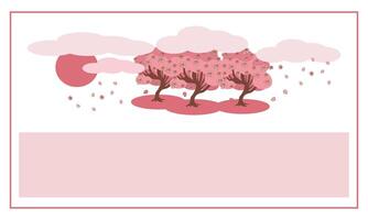 Banner of blooming sakura under clouds and red sunset sun vector