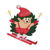 Hedgehog in a hat on skis with sparklers vector