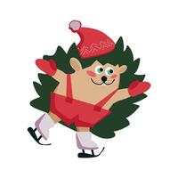 Hedgehog in a hat and mittens on skates vector
