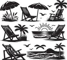 Beach chairs, umbrellas and palm trees silhouettes set vector